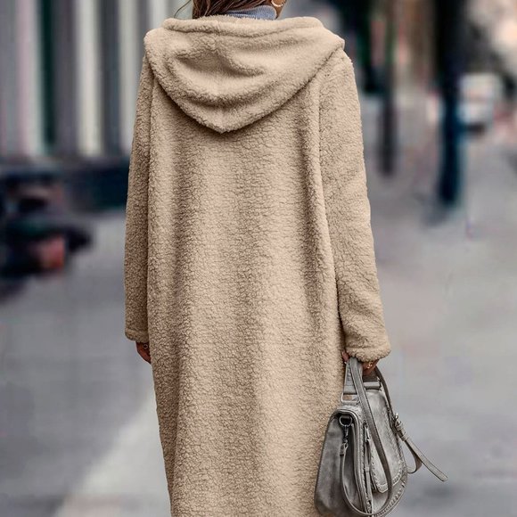 Beige Casual womens Double Button Hooded Flannel Coat - Picture 2 of 5